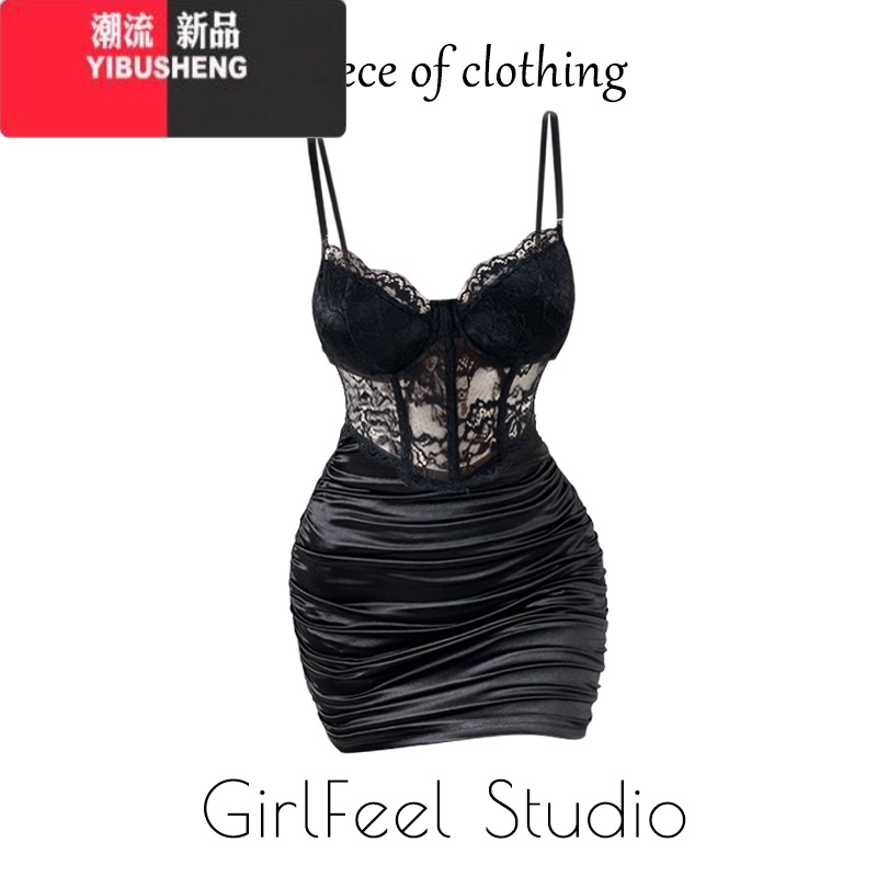 YIBUSHENG黑色纯欲风蕾丝吊带连衣裙女季2024新款欧美修身辣妹性感包臀裙