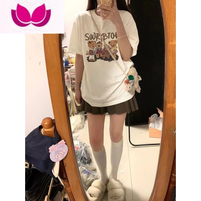 七斓2023新款设计感小众小熊印花T恤宽松短袖纯欲上衣女装