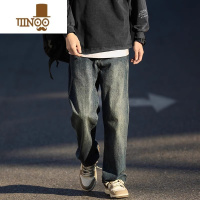 YANXU美式水洗牛仔裤男夏秋潮牌复古阔腿长裤宽松直筒男女同款休闲裤子