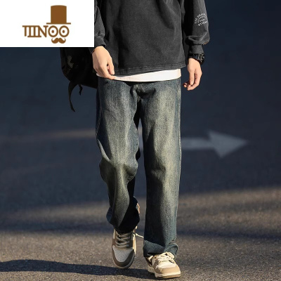 YANXU美式水洗牛仔裤男夏秋潮牌复古阔腿长裤宽松直筒男女同款休闲裤子