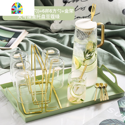 封后凉水壶玻璃可高温大容量 冷水壶套装北欧创意 家用水杯凉白开水壶 金把水壶(送吧勺)+6杯6方勺+金架+大号描金托盘星