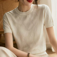 冰丝针织衫短袖T恤女夏新款韩版圆领宽松简约镂空上衣潮