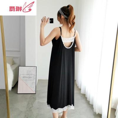 带胸垫性感加长吊带睡裙夏季薄款大码胖MM200斤蕾丝睡衣女费琳