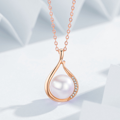 佰色传情BRIR18K金akoya海水珍珠镶钻石吊坠女气质百搭项链玫瑰金玫瑰金