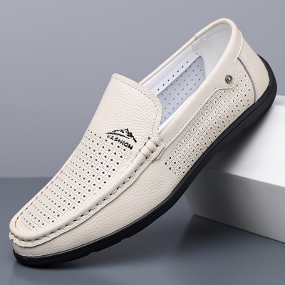 豆豆鞋男2026新款一脚蹬懒人男士休闲皮鞋镂空透气洞洞鞋男鞋