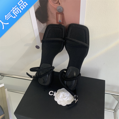 SUNTEK黑色一字高跟鞋女夏季2023年新款法式仙女风细带露趾粗跟时装凉鞋