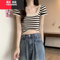 YIBUSHENG法式复古条纹方领短袖t恤连衣裙女装季薄款修身显瘦包臀短裙子
