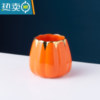 敬平北欧水果叉勺月饼刀叉创意家用不锈钢水果签咖啡勺陶瓷收纳罐套装 橙色金罐