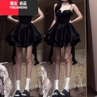 YIBUSHENG伯爵公主度假气质显小黑裙抹胸吊带连衣裙收腰蓬蓬短裙生日公主裙