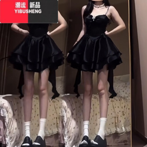 YIBUSHENG伯爵公主度假气质显小黑裙抹胸吊带连衣裙收腰蓬蓬短裙生日公主裙