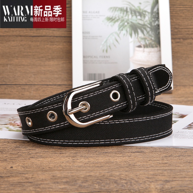 shanchao韩版帆布半圆扣腰带针扣细皮带百搭网红ins风男女通用牛仔裤