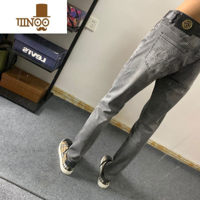 YANXU烫印牛仔裤男士网红潮牌百搭帅气直筒修身小脚休闲长裤子