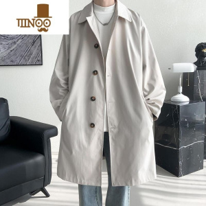 YANXU感卡其色中长款风衣男加肥大码宽松潮牌韩系纯色翻领大衣外套