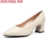 奥康女士高跟鞋粗跟休闲浅口单鞋黑色面试酒店职业工作皮鞋