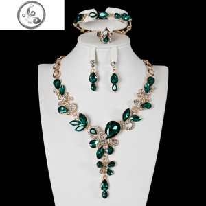 水晶宝石首饰套装女轻奢锁骨项链耳环手链戒指四件套礼服宴会配饰 JiMi