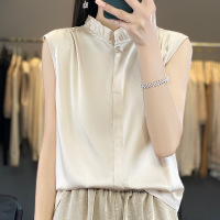 无袖衬衫背心女丝滑缎面叠穿衬衣夏季新款上衣木耳花边T恤夏