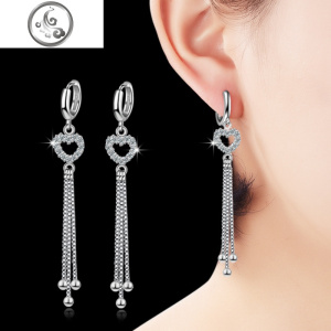 纯银耳坠女长款心形流苏简约气质耳线日韩国百搭网红耳饰品 JiMi 心形镶钻耳线（一对价）