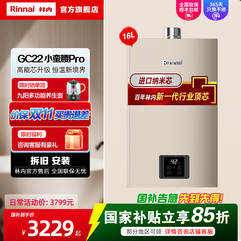 [小蛮腰PRO]林内16升家用恒温燃气热水器16GC22节能ECO变频恒温 同款GD32
