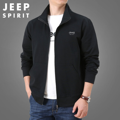 JEEPSPIRIT吉普卫衣男外套2021春秋季纯色男装男开衫宽松运动上衣外套男装