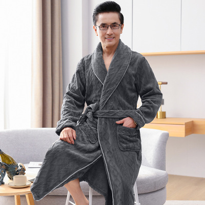 法兰绒睡袍男秋冬加绒加厚冬天中长款加大码保暖珊瑚绒浴袍家居服