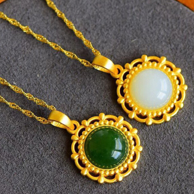 舞玉乘风古法银镶和田玉品套装吊坠女款和田玉碧玉白玉吊坠耳坠戒指