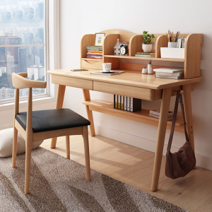 绵冠(MIANGUAN)家用电脑桌带书架北欧简约ins 写字台初中生带抽屉学习桌+牛角椅