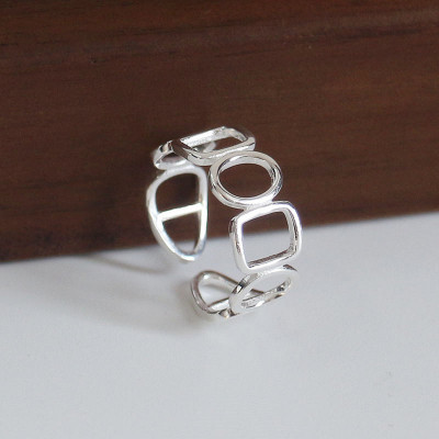 S925纯银镂空戒指女韩版组合开口单戒气质百搭叠搭方块圆圈几何款送女朋友老婆情人节七夕生日礼物
