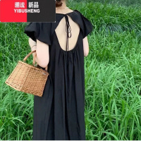 YIBUSHENG设计感露背小飞袖连衣裙胖MM特大码300斤季宽松遮肉显瘦T恤长裙