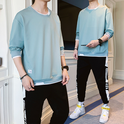 狮臣SHICHEN2020年新款春季休闲运动套装男士卫衣圆领韩版潮流百搭卫衣一套男青少年休闲套装男卫衣男装TZ2440湖蓝色XL