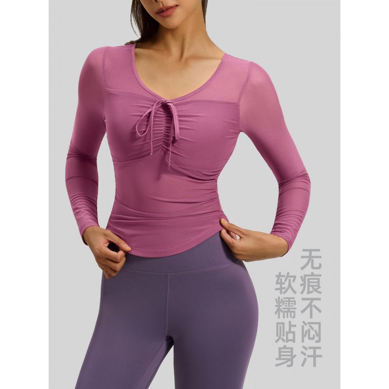 新款网纱瑜伽服长袖女修身显瘦固定杯外穿运动健身上衣女