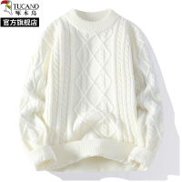 啄木鸟2025秋新款白色圆领绞花毛衣男士冬季大码针织打底衫线衣服