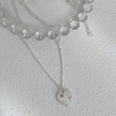 s925纯银纹理粉锆爱心项链轻奢小众韩系复古锁骨链气质颈链女送女朋友老婆情人节七夕生日礼物