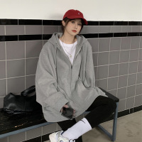 新款春季宽松韩版oversize灰色连帽卫衣女拉链外套女上衣