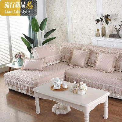 法式防滑棉沙发垫四季通用布料面料夹棉防滑木耳边带硅胶双面 三维工匠 简爱-淡粉 60*150+15cm花边