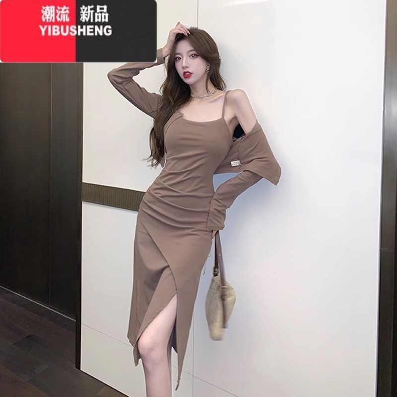 YIBUSHENG小个子辣妹套装女春穿搭一整套高级感气质吊带连衣裙子两件套