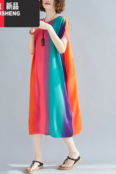 YIBUSHENG2023文艺大码女装胖MM渐变彩虹竖条宽松显瘦无袖直筒连衣裙沙滩裙