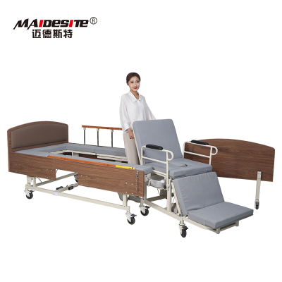 老人带便孔医疗床医院床升降床可推出轮椅两用床-电动木纹款-乳胶床垫