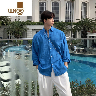 YANXU衬衫男设计感小众夏季薄款纯色宽松休闲衬衣纯色港风潮流痞帅外套