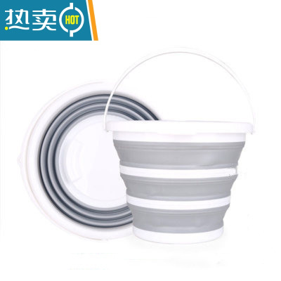 敬平洗车美术大号车载可收缩便携式户外汽车用10L塑料钓鱼桶 圆形灰白色中号视频同款有提手 10L水桶