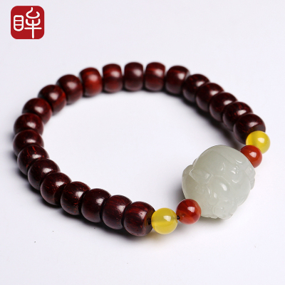 印象眸和田玉貔貅手串小叶紫檀算盘珠佛珠手链男女情侣款貔貅玉石手串附送证书