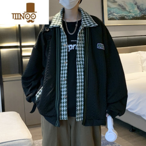YANXU美式假千鸟格黑色茶歇外套男秋季2022新款宽松棒球服百搭上衣