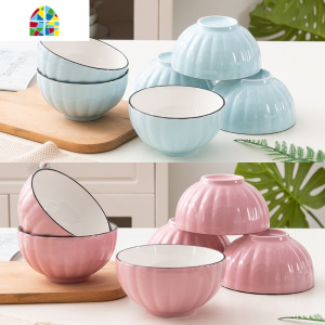 陶瓷碗套装日式釉下彩家用米饭碗吃饭碗10只装纯色简约个性汤碗 FENGHOU 4.8英寸中国蓝碗3中国红碗3共6个装