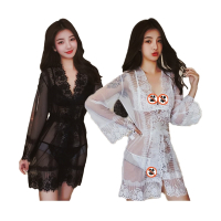 女式情趣睡衣套装全透明蕾丝睡袍文胸吊带免脱开档丁字内裤透视露毛三点式欧美女士情趣内衣性感V字睡裙子长夜漫漫成人女性用品