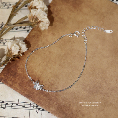 韩版森系小众设计双层蝴蝶手链女s999纯银轻奢简约百搭足银手饰送女朋友老婆情人节七夕生日礼物