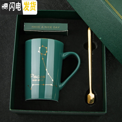 三维工匠创意星座陶瓷水杯个性带盖勺男女学生杯子家用咖啡杯情侣杯马克杯 双鱼座-礼盒包装咖啡器具