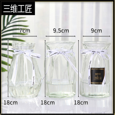 三件套-玻璃瓶透明水培植物观音竹百合玫瑰干花瓶客厅插花摆件三维工匠18新诺+枫叶+钻石（透明）大