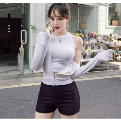 SUNTEK韩国修身显瘦连帽卫衣女拉链开衫春秋休闲运动健身上衣短款外套卫衣