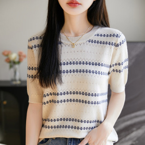 夏季新款提花挑孔条纹针织衫女薄款圆领短袖上衣T恤女