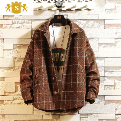 SUNTEK春秋季夹克短款外套男士格子风衣秋冬毛呢子韩版潮流宽松加绒大衣风衣