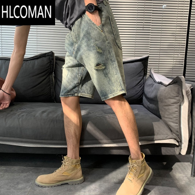 HLCOMAN复古破洞牛仔短裤男士2024新款宽松直筒裤子潮牌痞帅炸街做旧水洗